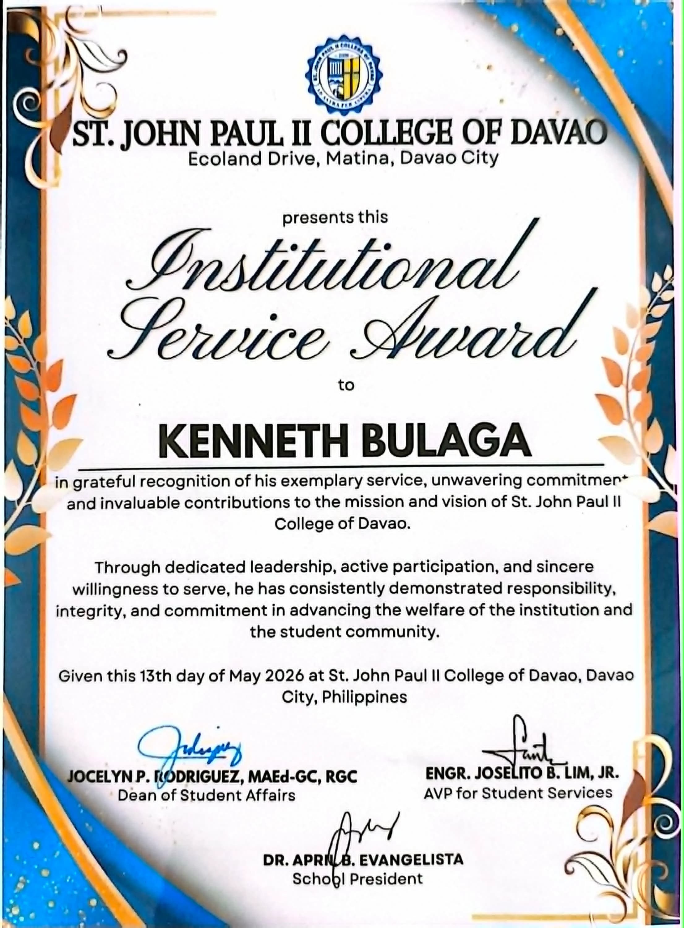 Institutional Service Award & Student Governance — Institutional Service Award & Student Governance