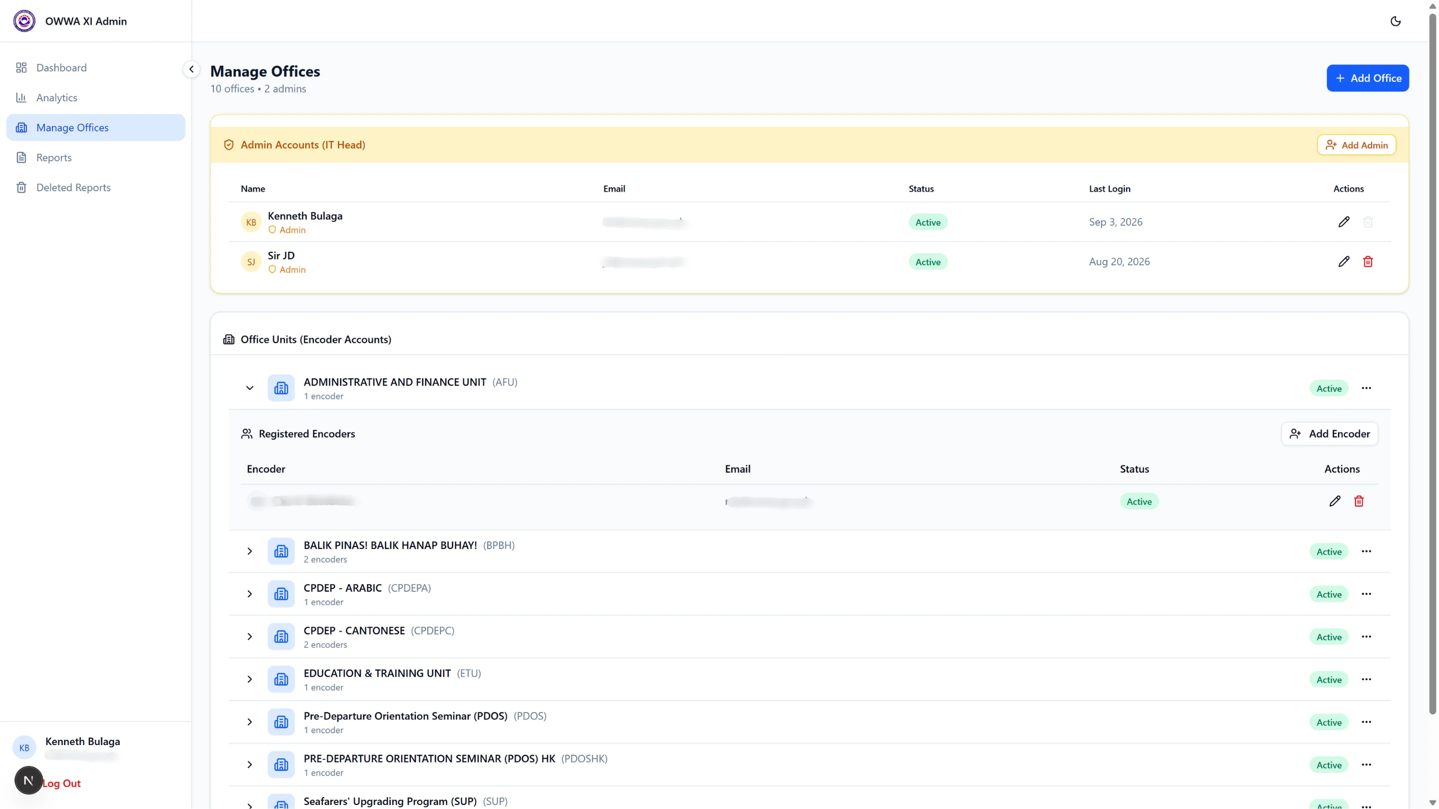 OWWA CSMR System — Manage Offices